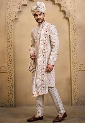 Hand Embroidered Art Silk Sherwani in Off White