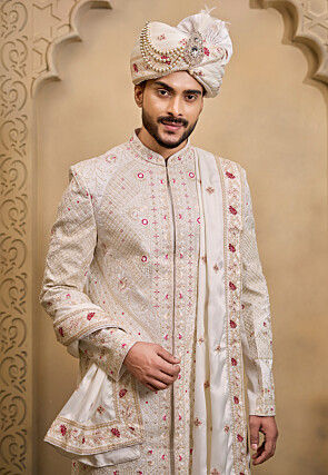 Hand Embroidered Art Silk Sherwani in Off White