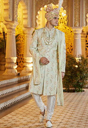 Hand Embroidered Art Silk Sherwani in Pastel Green