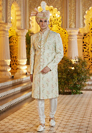 Hand Embroidered Art Silk Sherwani in Pastel Green