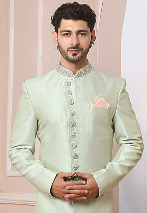 Hand Embroidered Art Silk Sherwani in Pastel Green