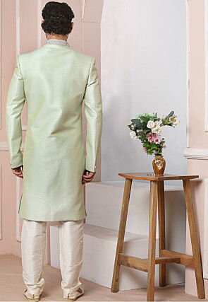 Hand Embroidered Art Silk Sherwani in Pastel Green