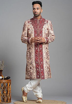 Hand Embroidered Art Silk Sherwani in Peach