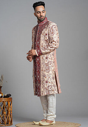 Hand Embroidered Art Silk Sherwani in Peach