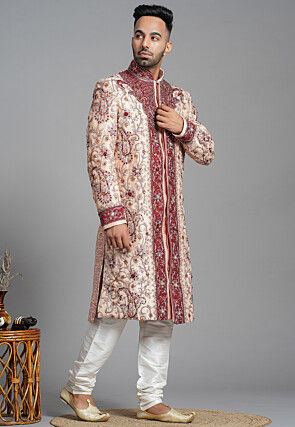 Hand Embroidered Art Silk Sherwani in Peach