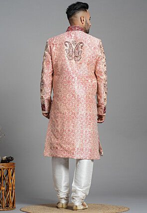 Hand Embroidered Art Silk Sherwani in Peach
