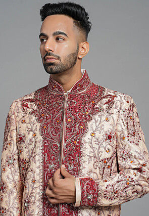 Hand Embroidered Art Silk Sherwani in Peach