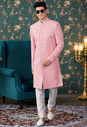 Hand Embroidered Art Silk Sherwani in Pink