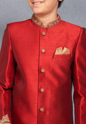 Hand Embroidered Art Silk Sherwani in Red