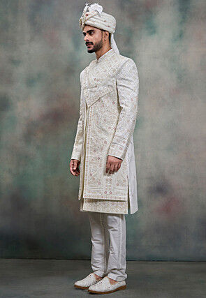 Hand Embroidered Art Silk Sherwani in White
