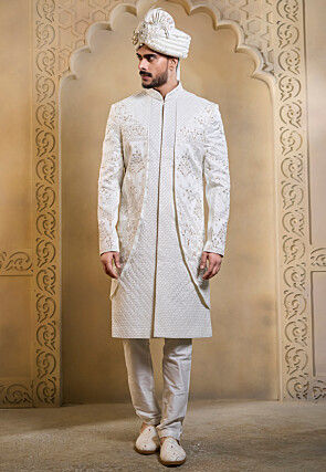 Hand Embroidered Art Silk Sherwani in White