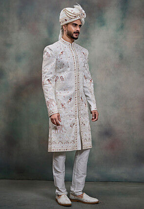 Hand Embroidered Art Silk Sherwani in White