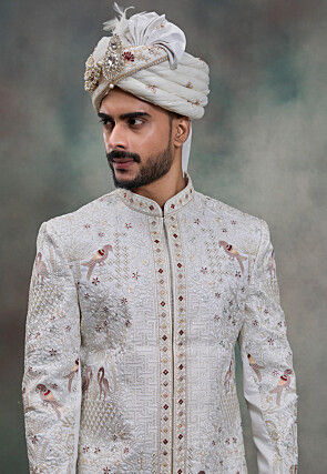 Hand Embroidered Art Silk Sherwani in White