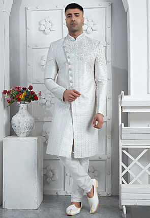 Hand Embroidered Art Silk Sherwani in White