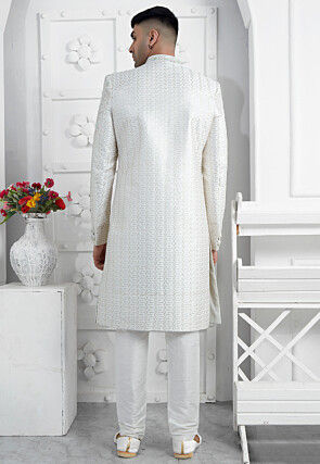 Hand Embroidered Art Silk Sherwani in White