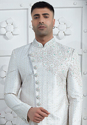Hand Embroidered Art Silk Sherwani in White