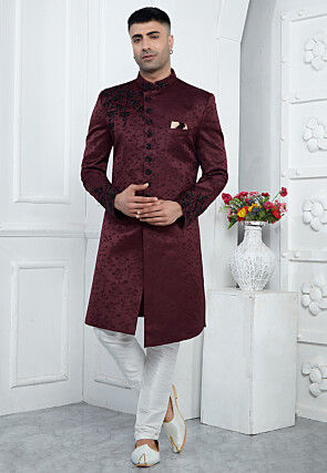 Hand Embroidered Art Silk Sherwani in Wine