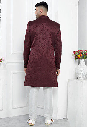 Hand Embroidered Art Silk Sherwani in Wine