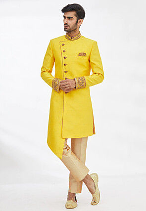 Hand Embroidered Art Silk Sherwani in Yellow