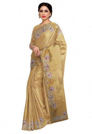 Hand Embroidered Georgette Shimmer Saree in Golden