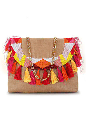 Hand Embroidered Art Silk Sling Bag in Beige