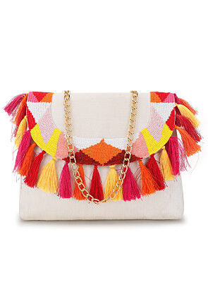 Hand Embroidered Art Silk Sling Bag in White