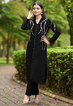 Hand Embroidered Art Silk Straight Kurta in Black