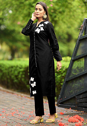 Hand Embroidered Art Silk Straight Kurta in Black