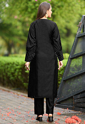 Hand Embroidered Art Silk Straight Kurta in Black