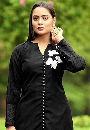 Hand Embroidered Art Silk Straight Kurta in Black