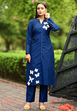 Hand Embroidered Art Silk Straight Kurta in Navy Blue