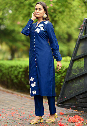 Hand Embroidered Art Silk Straight Kurta in Navy Blue
