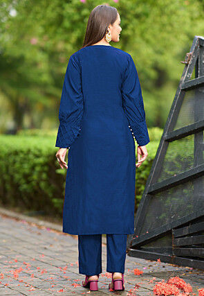 Hand Embroidered Art Silk Straight Kurta in Navy Blue