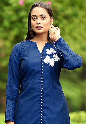 Hand Embroidered Art Silk Straight Kurta in Navy Blue