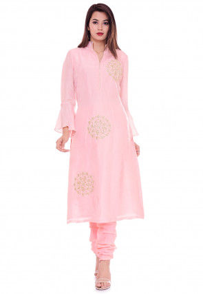 Hand Embroidered Art Silk Straight Kurta in Baby Pink