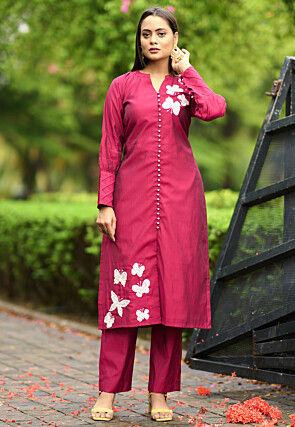 Hand Embroidered Art Silk Straight Kurta in Pink
