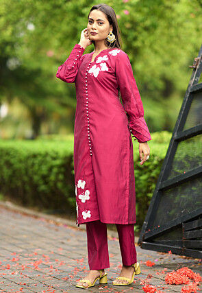 Hand Embroidered Art Silk Straight Kurta in Pink