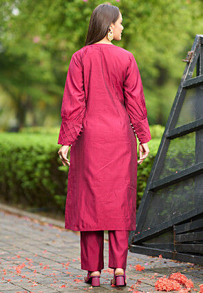 Hand Embroidered Art Silk Straight Kurta in Pink