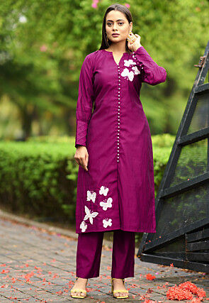 Hand Embroidered Art Silk Straight Kurta in Purple