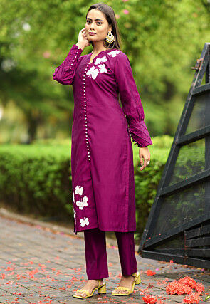 Hand Embroidered Art Silk Straight Kurta in Purple