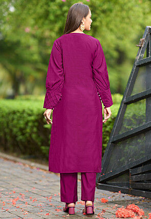 Hand Embroidered Art Silk Straight Kurta in Purple