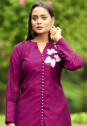 Hand Embroidered Art Silk Straight Kurta in Purple