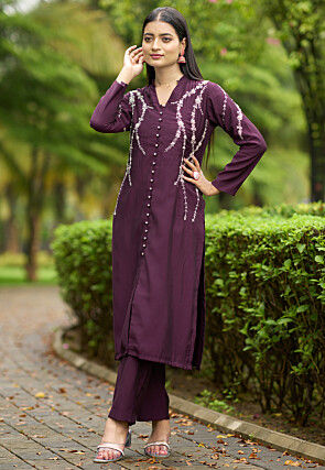 Hand Embroidered Art Silk Straight Kurta in Wine