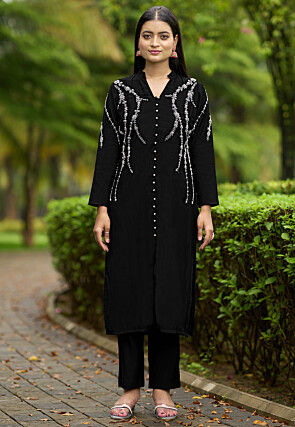 Hand Embroidered Art Silk Straight Kurta Set in Black