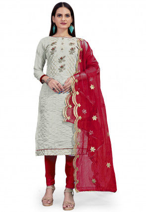 Hand Embroidered Art Silk Straight Suit in Grey