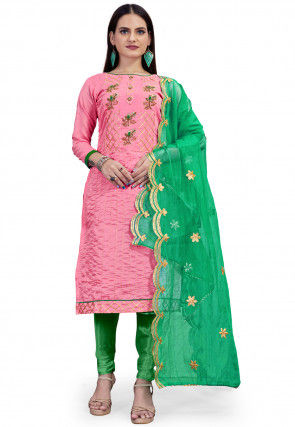 Hand Embroidered Art Silk Straight Suit in Pink