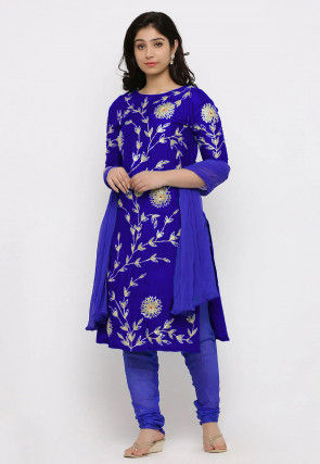 Hand Embroidered Art Silk Straight Suit in Royal Blue
