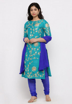 Hand Embroidered Art Silk Straight Suit in Turquoise