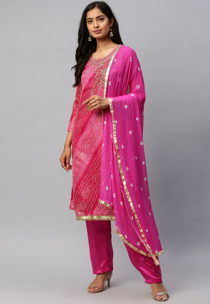 Hand Embroidered Bandhej Chanderi Silk Pakistani Suit in Pink