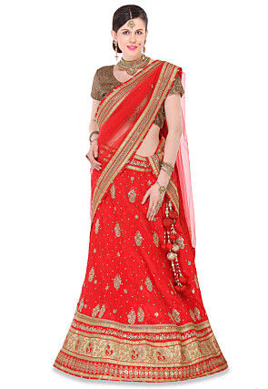Hand Embroidered Bhagalpuri Silk Circular Lehenga in Red